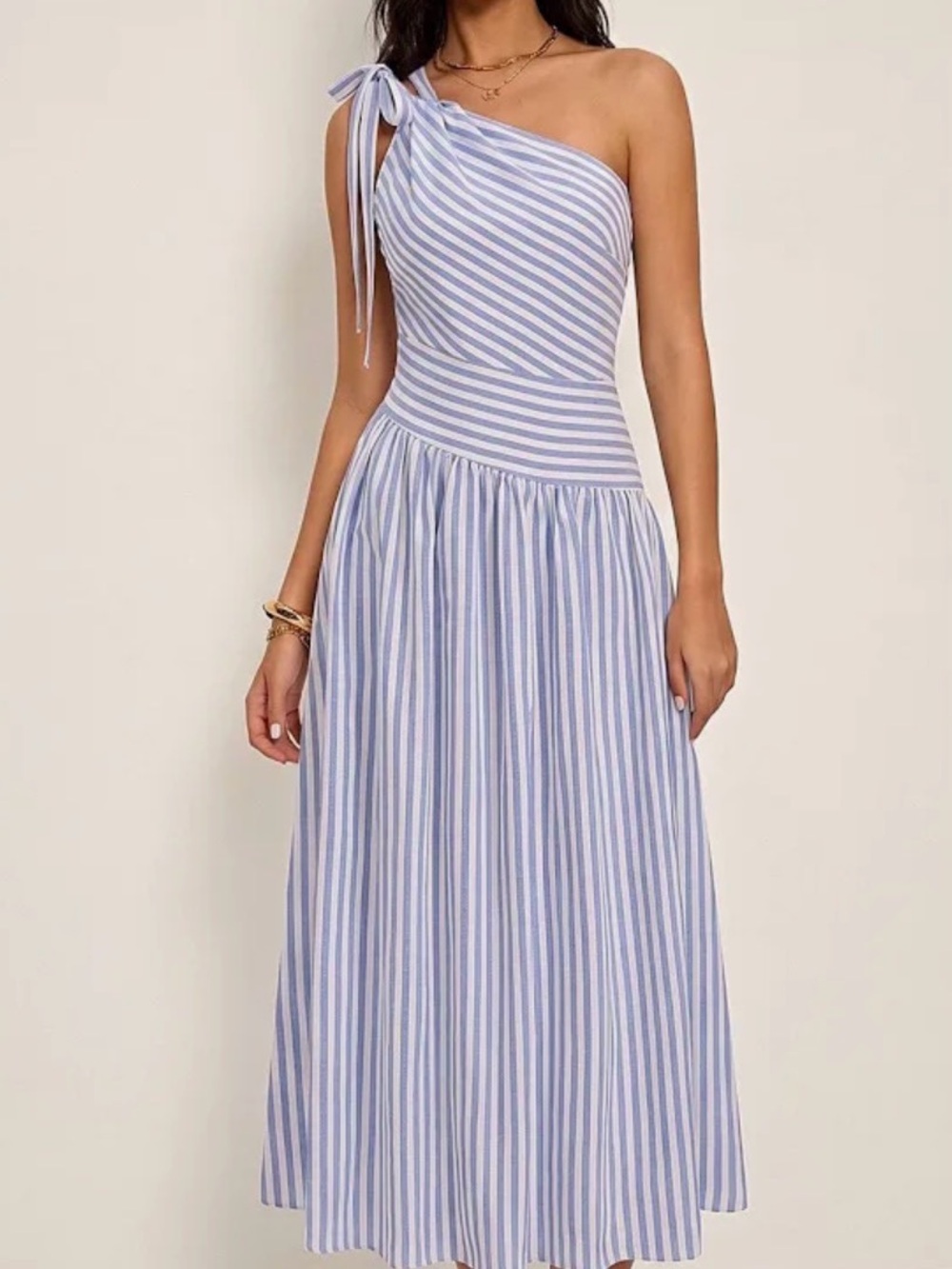 Commense Blue and White One-Shoulder Striped Dress